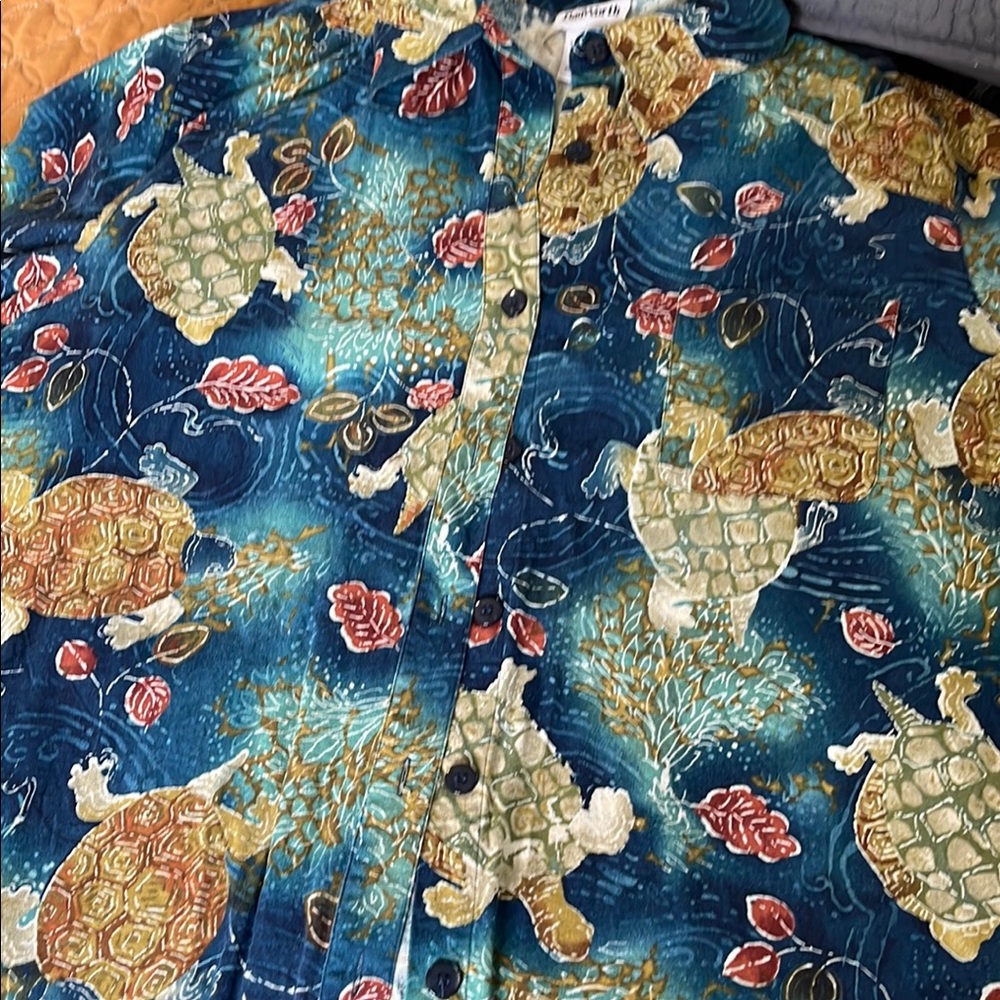 BonWorth Blue Turtle Print Casual Button Down Silk Shirt